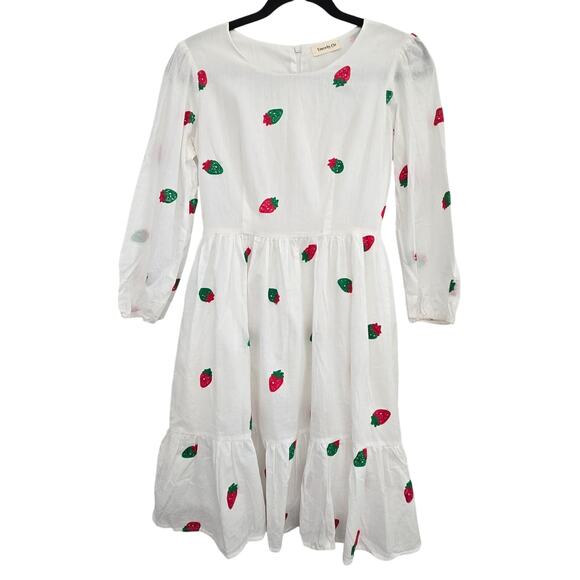 Womens White Linen Midi Strawberry Embroidered S Cottagecore Sundress PuffSleeve - Picture 1 of 11